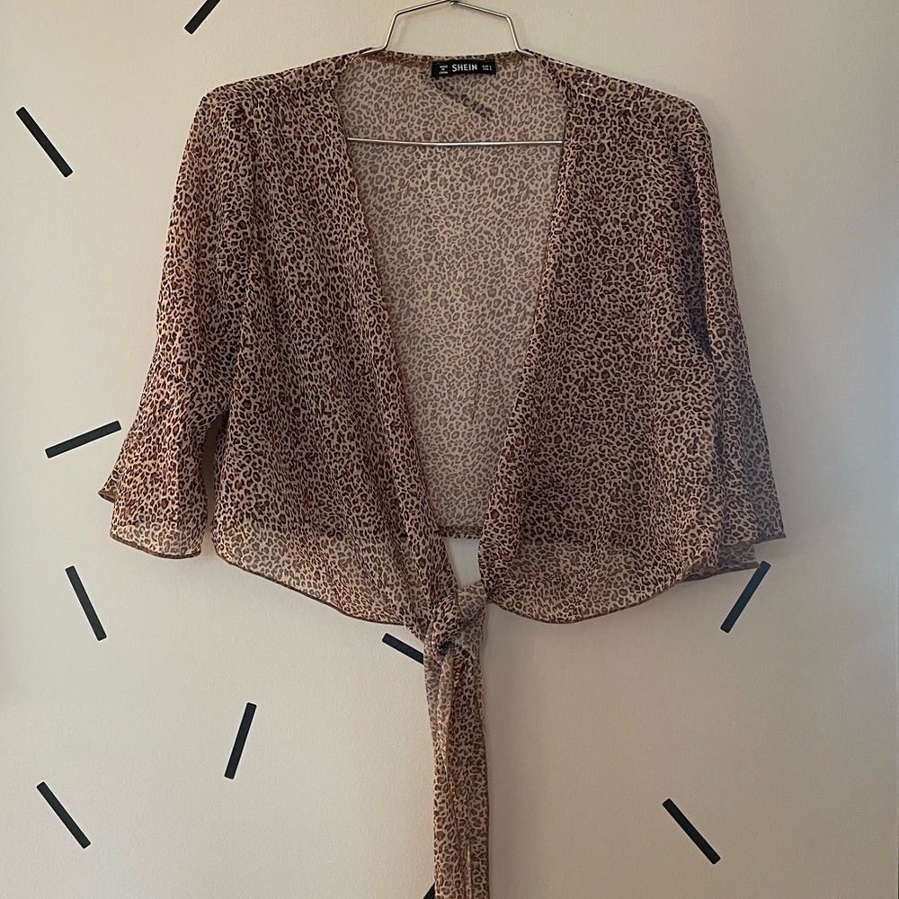 Shein Semi Sheer Cheetah Wrap Crop Cardigan